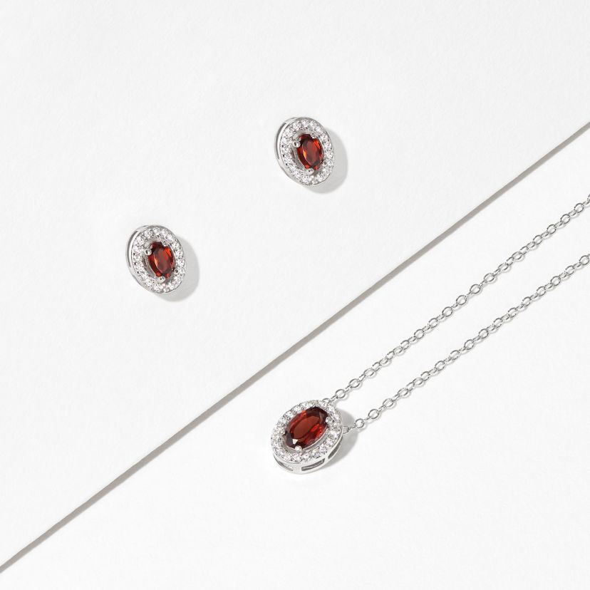 Genuine Garnet and Created White Sapphire Halo Necklace and Earring Set in Sterling Silver