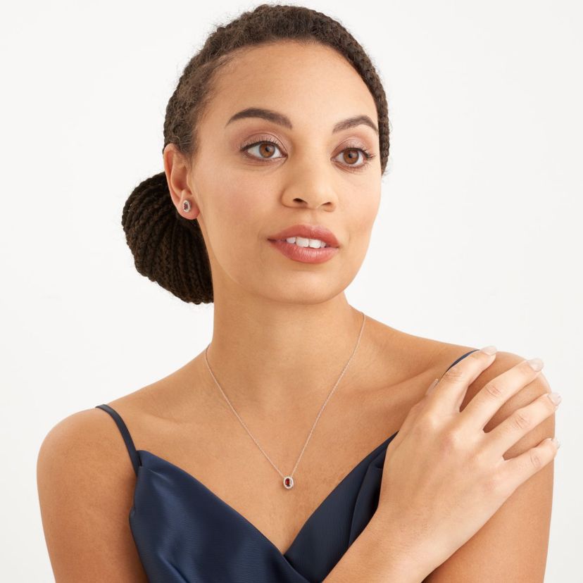 Genuine Garnet and Created White Sapphire Halo Necklace and Earring Set in Sterling Silver