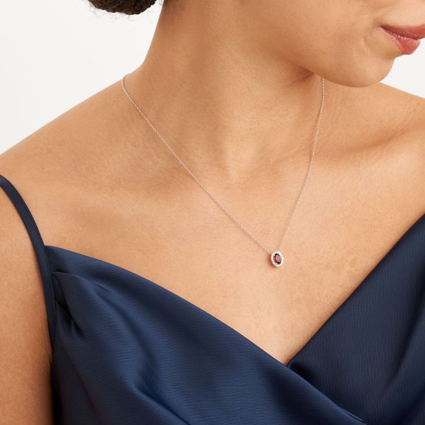 Genuine Garnet and Created White Sapphire Halo Necklace and Earring Set in Sterling Silver