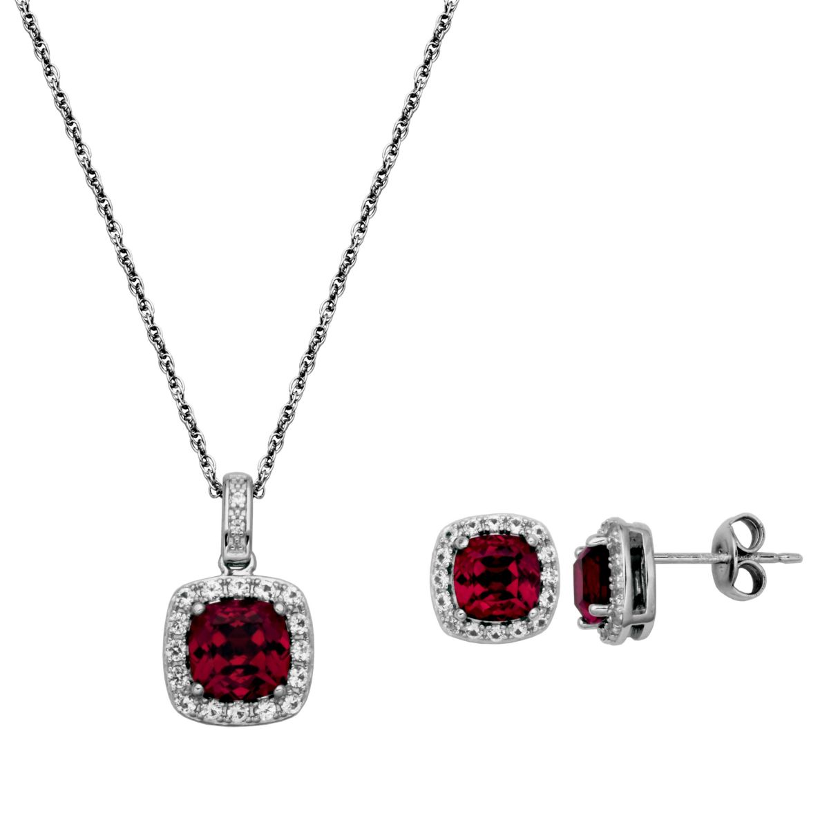 Created Ruby and Created White Sapphire Cushion Halo Necklace and Earring Set in Sterling Silver