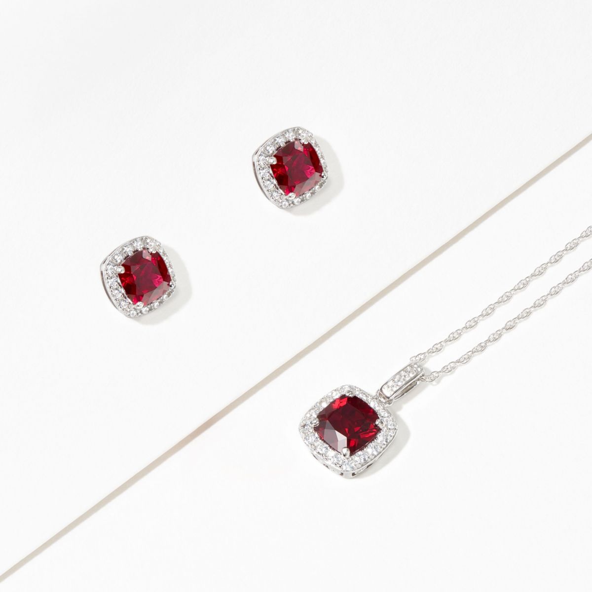 Created Ruby and Created White Sapphire Cushion Halo Necklace and Earring Set in Sterling Silver