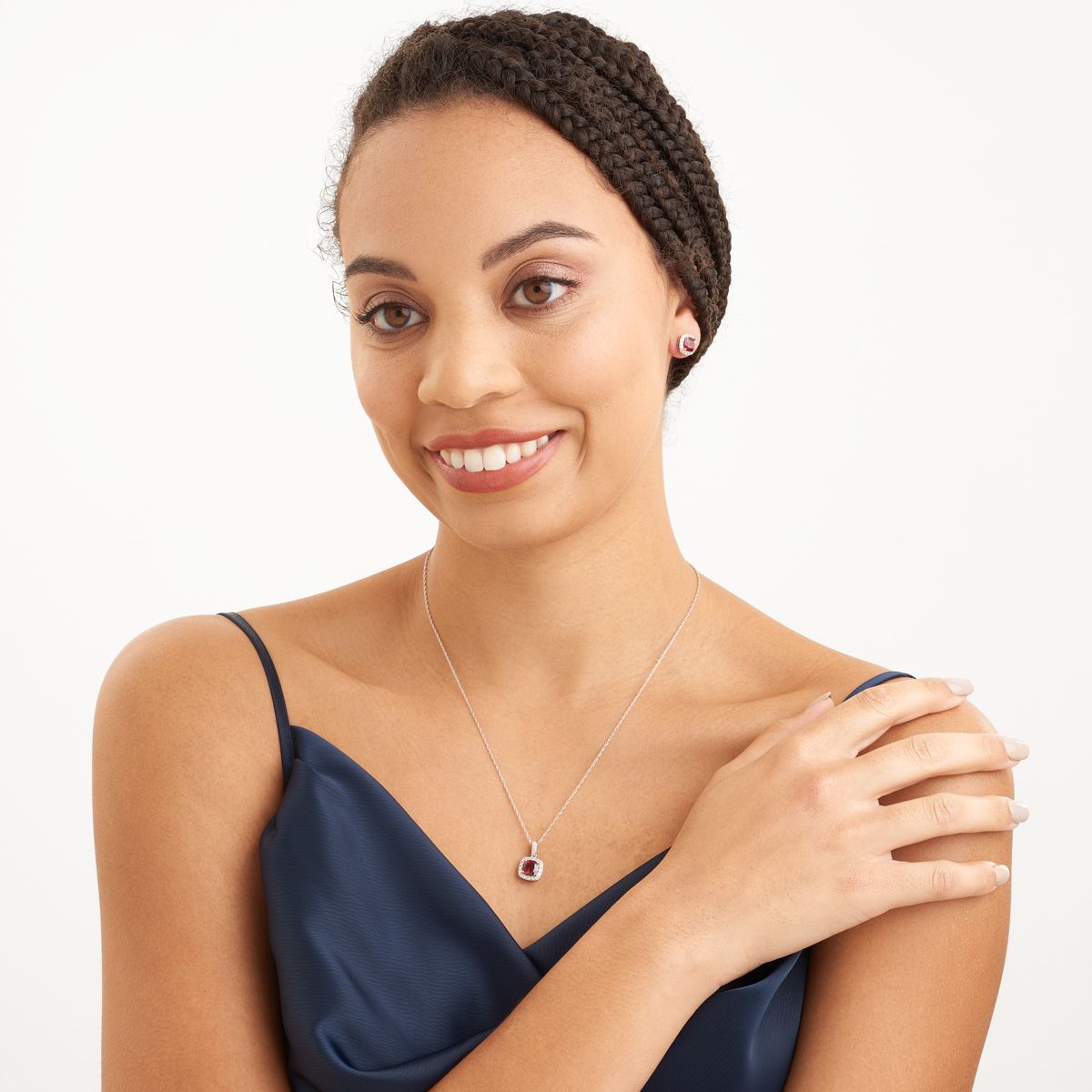 Created Ruby and Created White Sapphire Cushion Halo Necklace and Earring Set in Sterling Silver