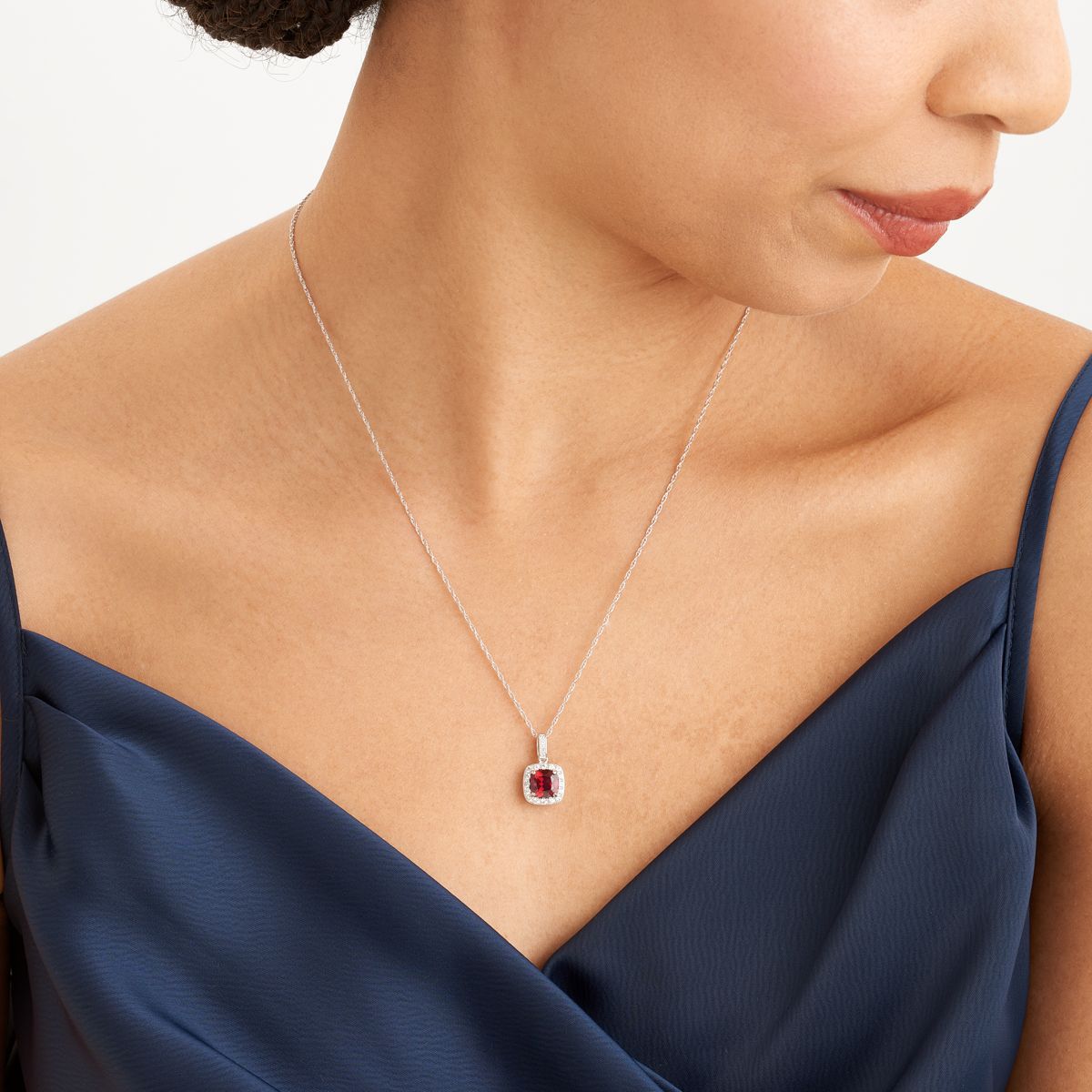 Created Ruby and Created White Sapphire Cushion Halo Necklace and Earring Set in Sterling Silver