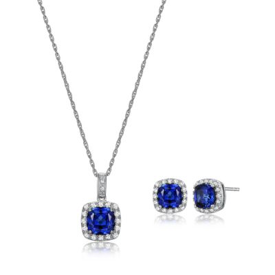 Aurealis Created Blue and White Sapphire Cushion Halo Necklace and Earring Set in Sterling Silver