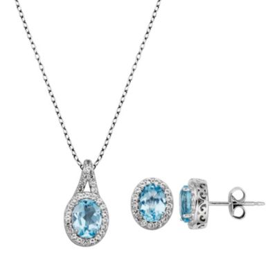 Aurealis Genuine Blue Topaz and Created White Sapphire Oval Halo Necklace and Earring Set in Sterling Silver