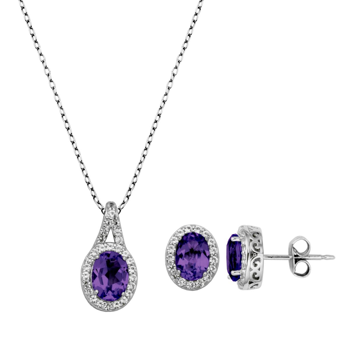 Genuine African Amethyst and Created White Sapphire Oval Halo Necklace and Earring Set in Sterling Silver