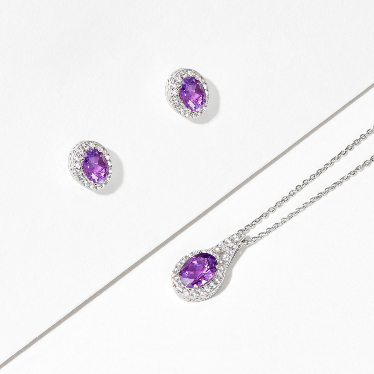 Genuine African Amethyst and Created White Sapphire Oval Halo Necklace and Earring Set in Sterling Silver