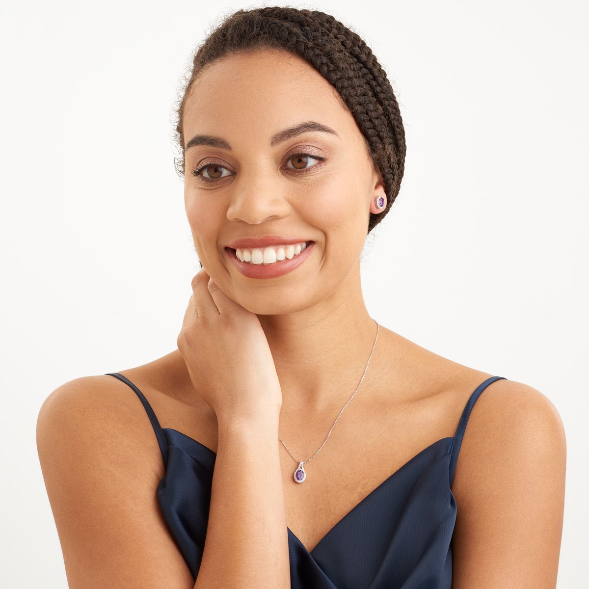 Genuine African Amethyst and Created White Sapphire Oval Halo Necklace and Earring Set in Sterling Silver