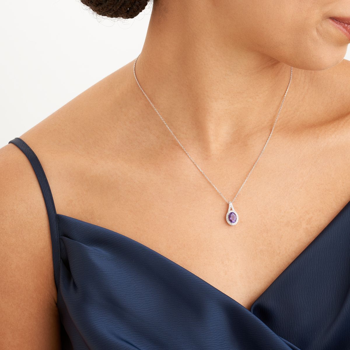 Genuine African Amethyst and Created White Sapphire Oval Halo Necklace and Earring Set in Sterling Silver