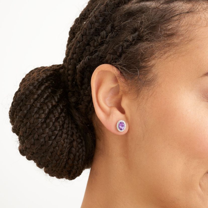Genuine African Amethyst and Created White Sapphire Oval Halo Necklace and Earring Set in Sterling Silver