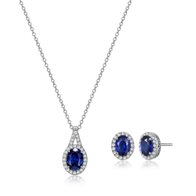 Created Blue and White Sapphire Oval Halo Necklace and Earring Set in Sterling Silver