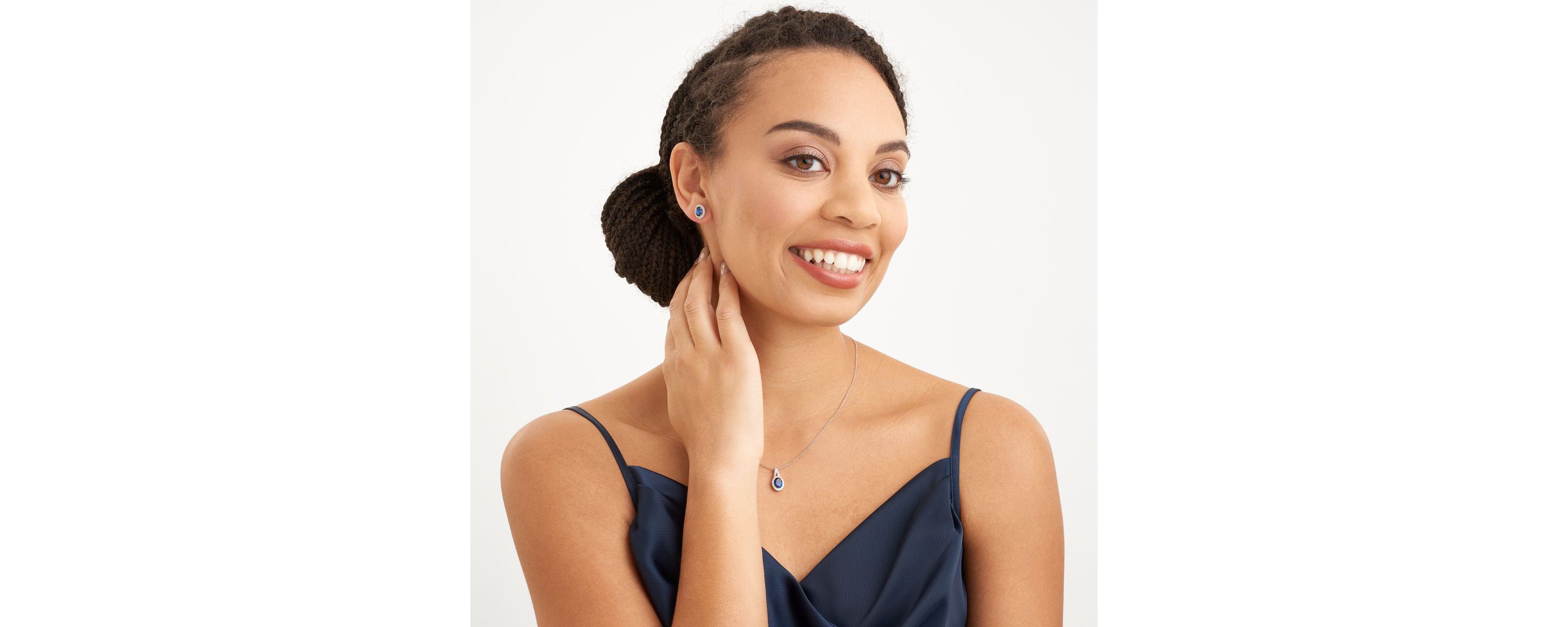 Created Blue and White Sapphire Oval Halo Necklace and Earring Set in Sterling Silver