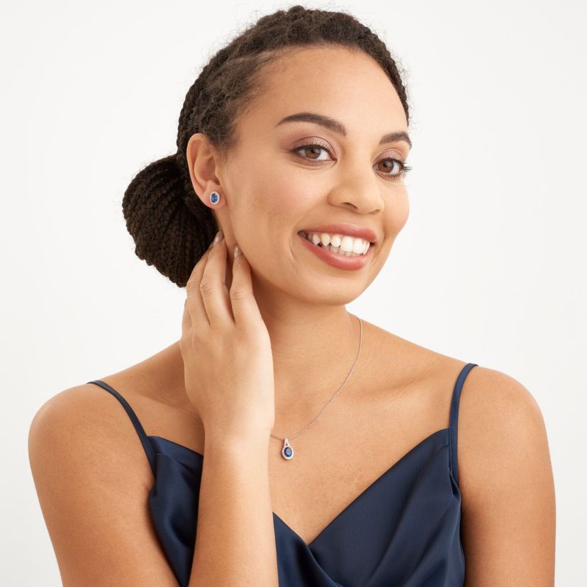 Created Blue and White Sapphire Oval Halo Necklace and Earring Set in Sterling Silver