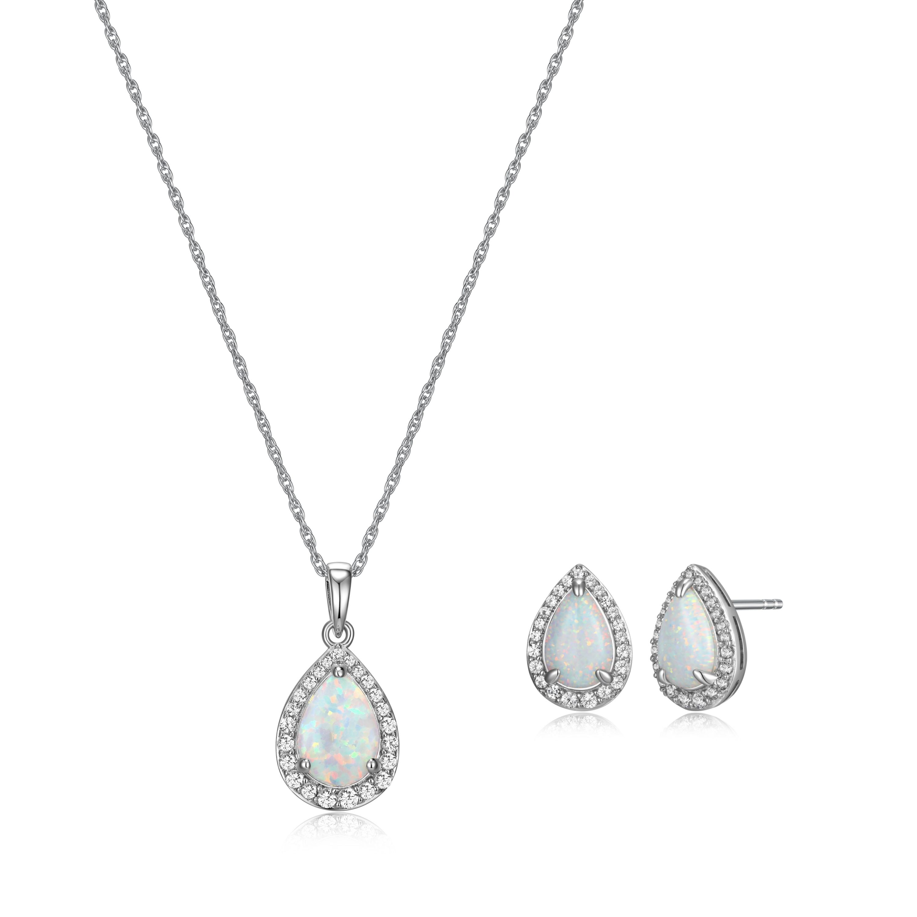 Created Opal and Created White Sapphire Pear Halo Necklace and Earring Set in Sterling Silver
