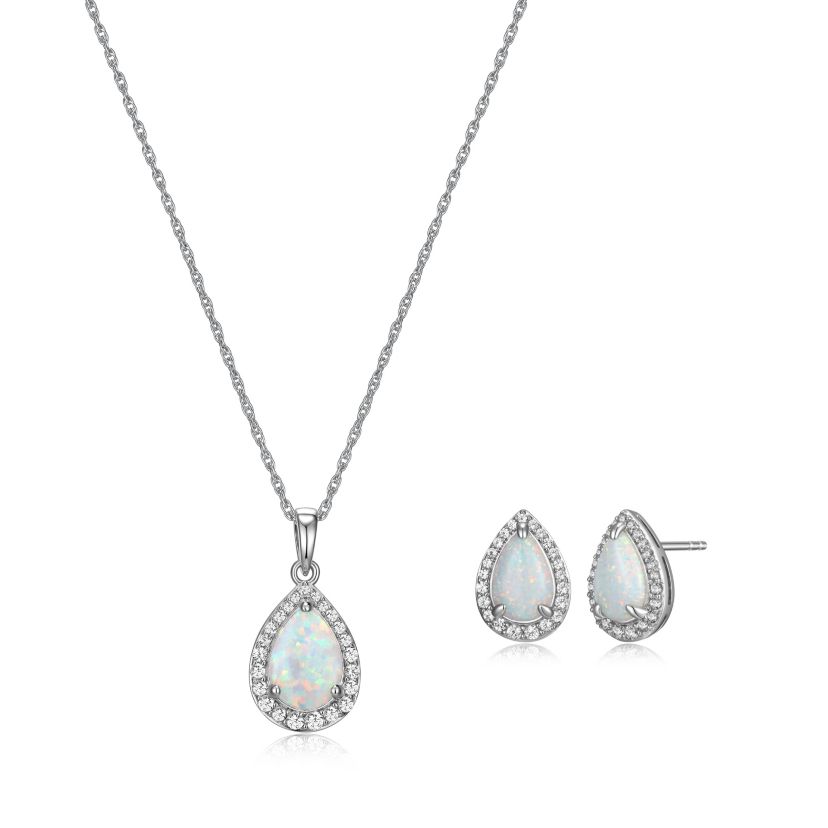 Created Opal and Created White Sapphire Pear Halo Necklace and Earring Set in Sterling Silver