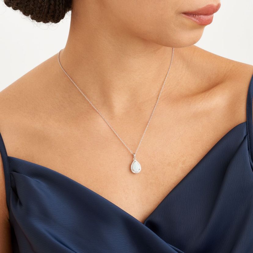 Created Opal and Created White Sapphire Pear Halo Necklace and Earring Set in Sterling Silver