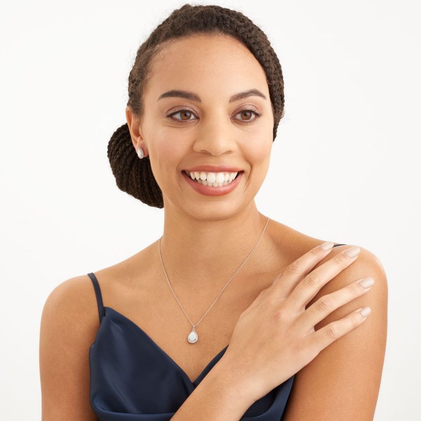 Created Opal and Created White Sapphire Pear Halo Necklace and Earring Set in Sterling Silver