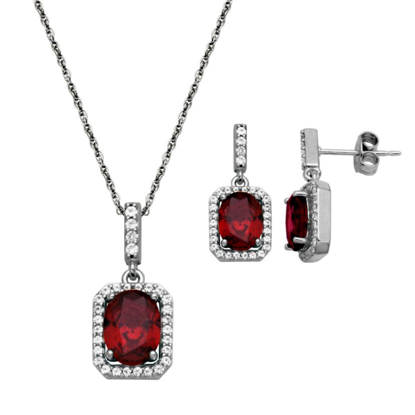 Created Ruby and Created White Sapphire Halo Necklace and Earring Set in Sterling Silver