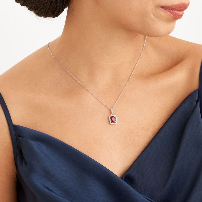 Created Ruby and Created White Sapphire Halo Necklace and Earring Set in Sterling Silver