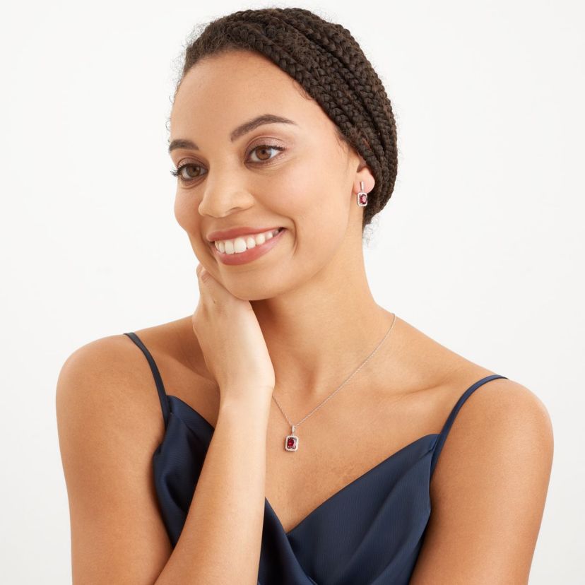 Created Ruby and Created White Sapphire Halo Necklace and Earring Set in Sterling Silver