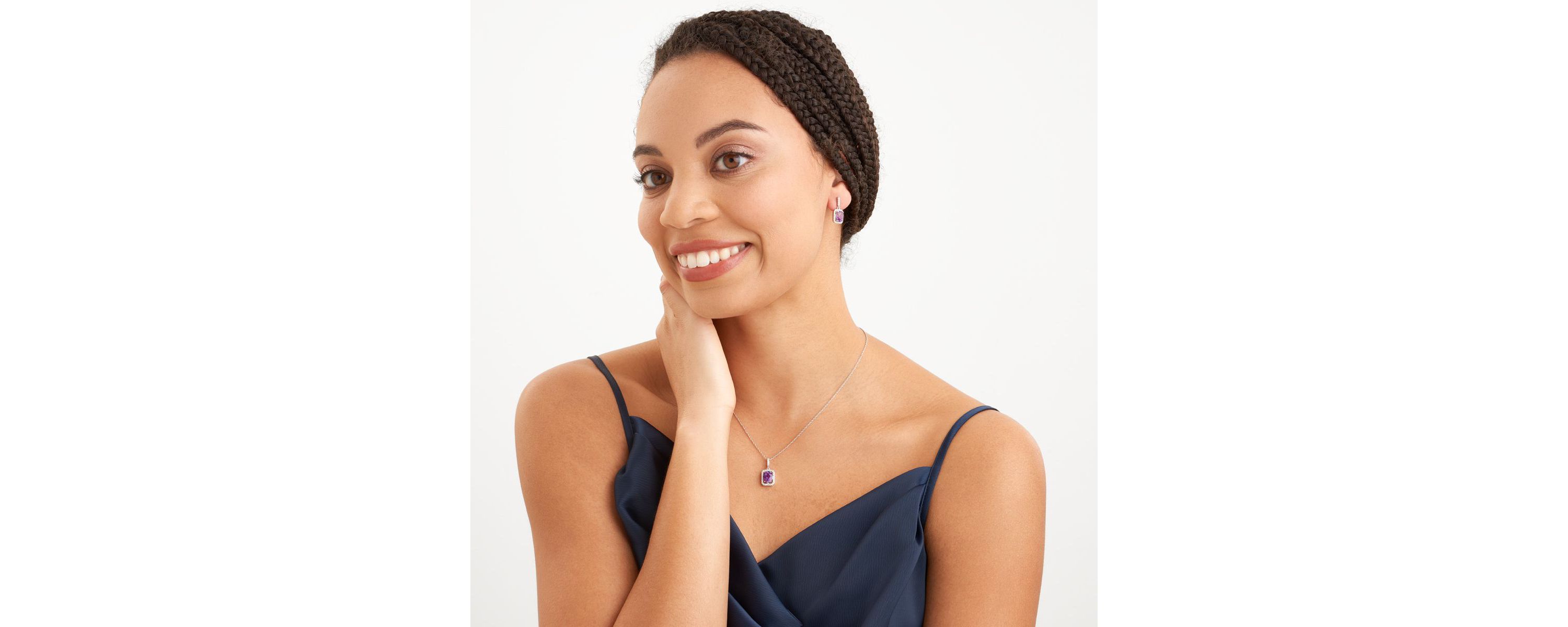 Genuine African Amethyst and Created White Sapphire Halo Necklace and Earring Set in Sterling Silver