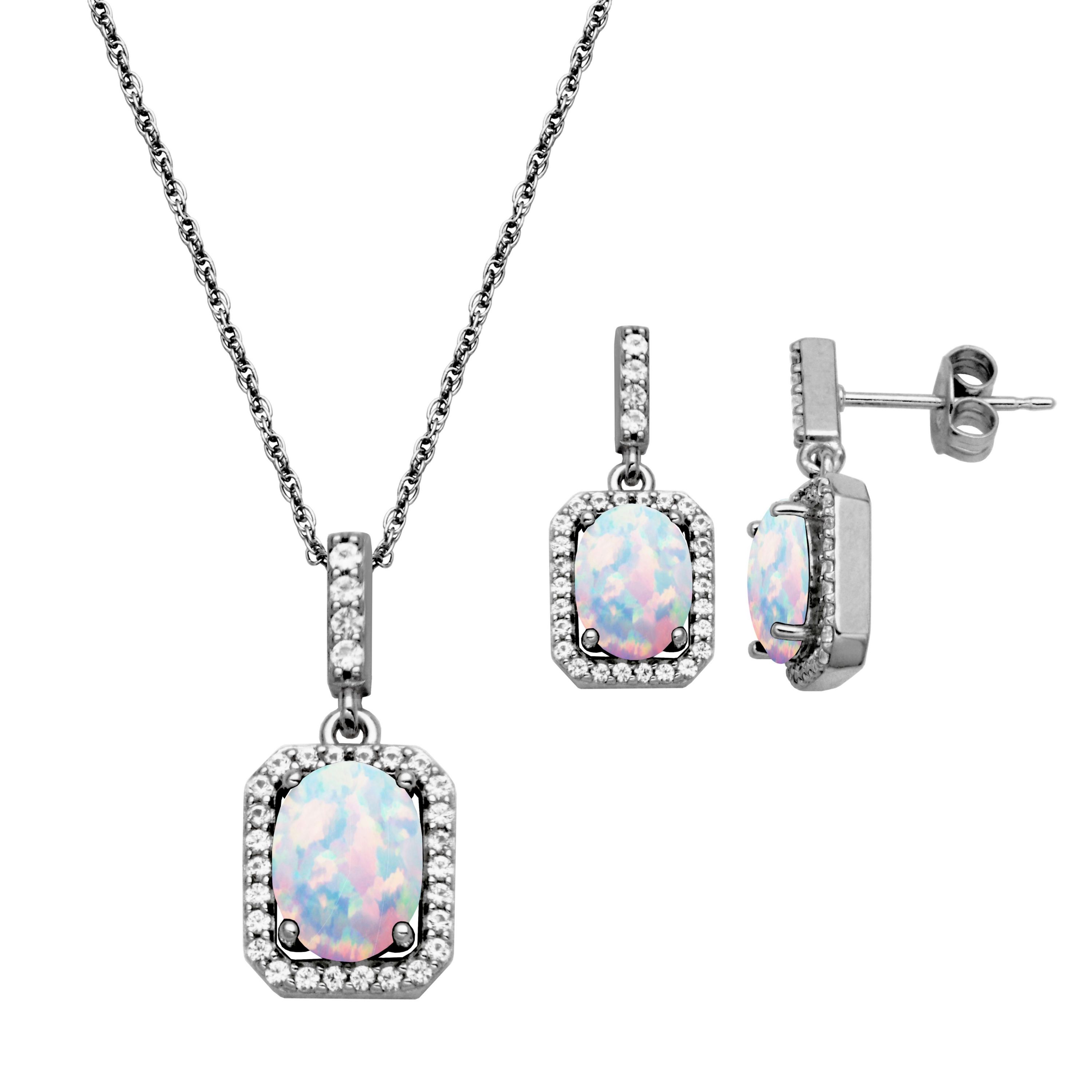 Created Opal and Created White Sapphire Halo Necklace and Earring Set in Sterling Silver