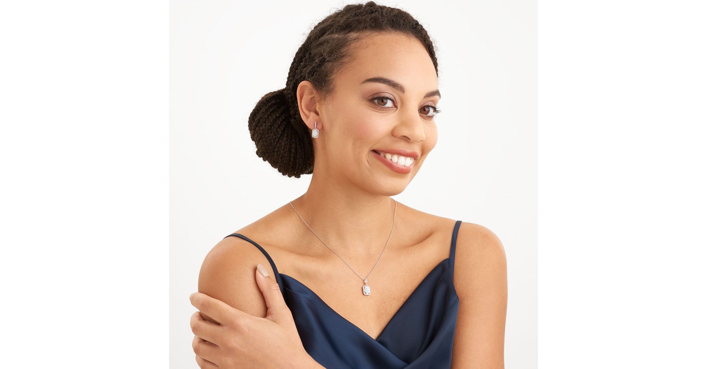 Created Opal and Created White Sapphire Halo Necklace and Earring Set in Sterling Silver