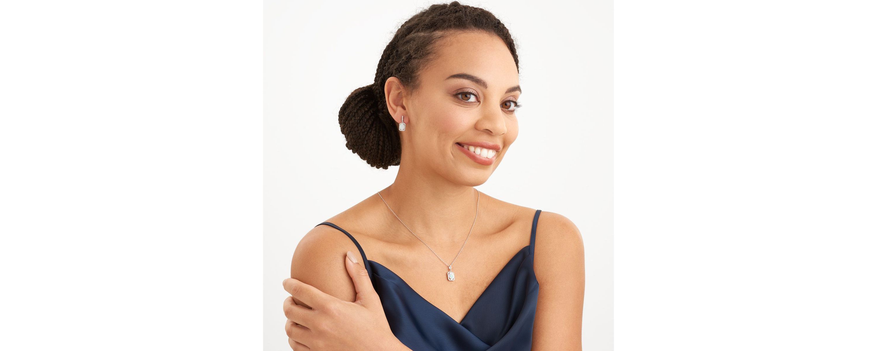 Created Opal and Created White Sapphire Halo Necklace and Earring Set in Sterling Silver