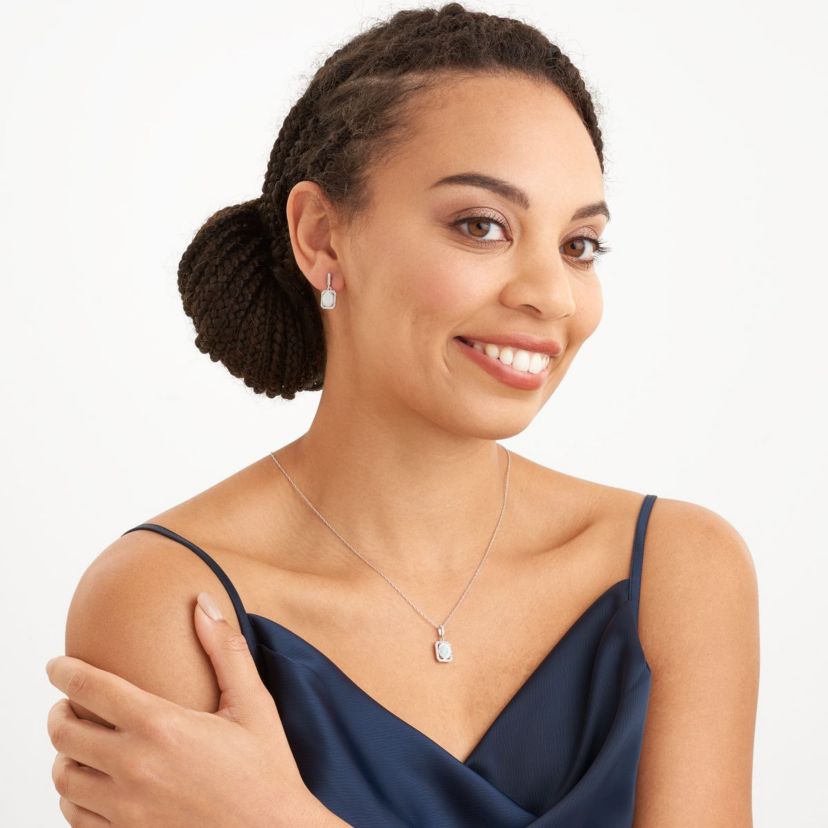 Created Opal and Created White Sapphire Halo Necklace and Earring Set in Sterling Silver