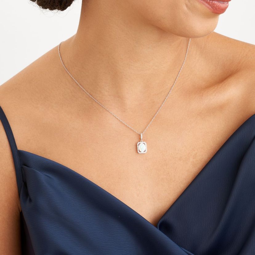 Created Opal and Created White Sapphire Halo Necklace and Earring Set in Sterling Silver