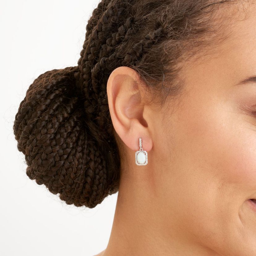 Created Opal and Created White Sapphire Halo Necklace and Earring Set in Sterling Silver
