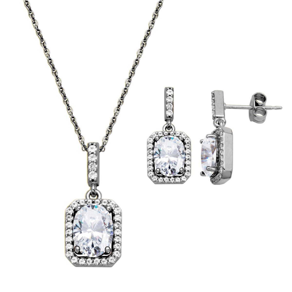 Created White Sapphire Halo Necklace and Earring Set in Sterling Silver