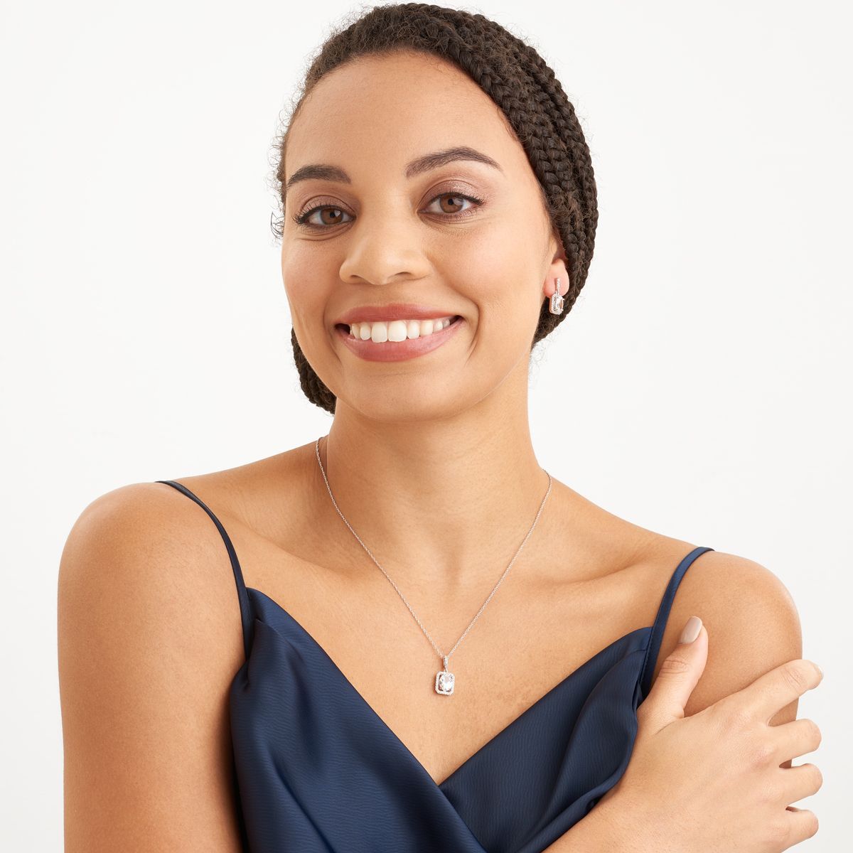 Created White Sapphire Halo Necklace and Earring Set in Sterling Silver