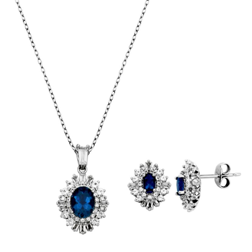 Created Blue and White Sapphire Double Halo Necklace and Earring Set in Sterling Silver