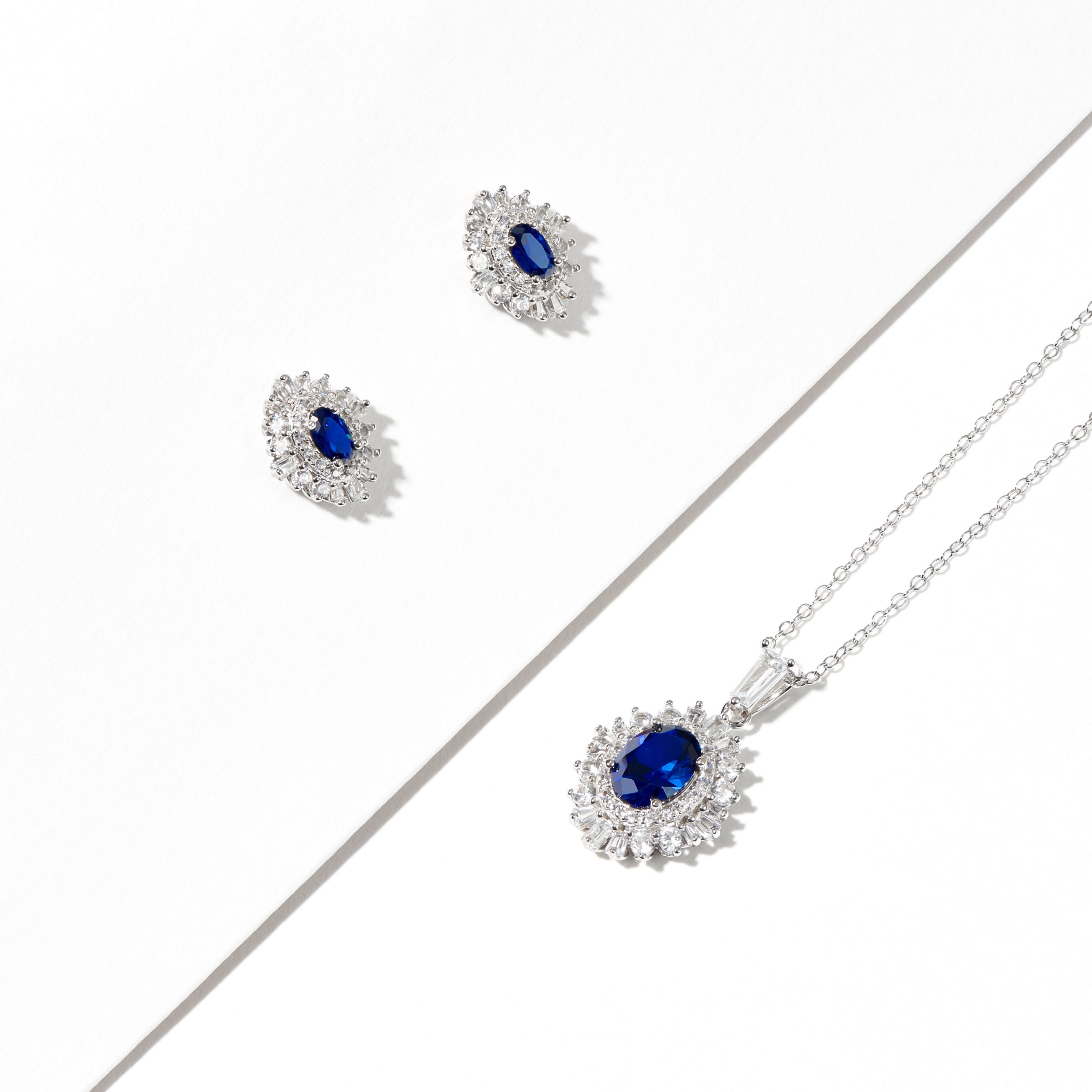 Created Blue and White Sapphire Double Halo Necklace and Earring Set in Sterling Silver