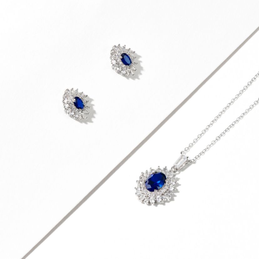 Created Blue and White Sapphire Double Halo Necklace and Earring Set in Sterling Silver