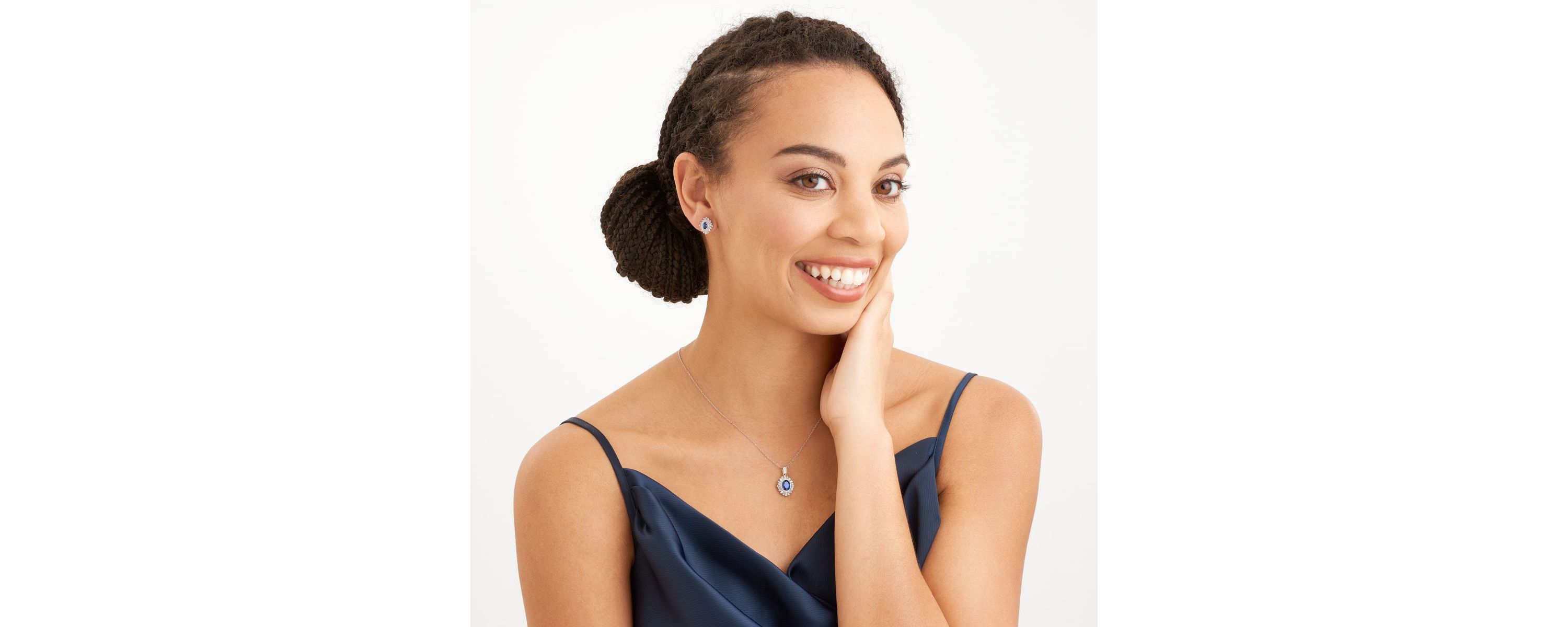 Created Blue and White Sapphire Double Halo Necklace and Earring Set in Sterling Silver