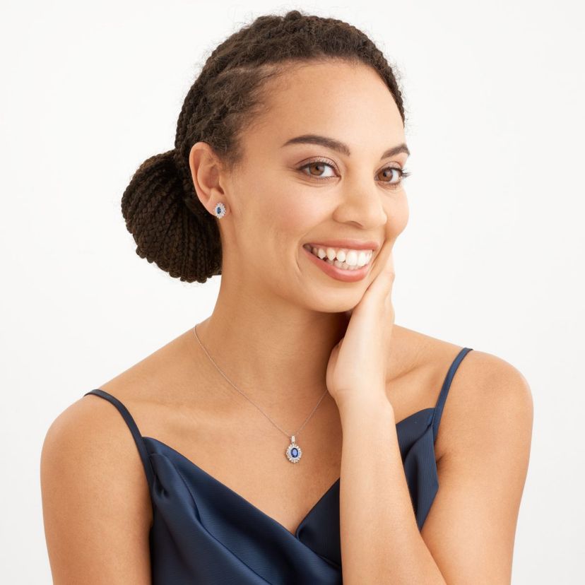 Created Blue and White Sapphire Double Halo Necklace and Earring Set in Sterling Silver