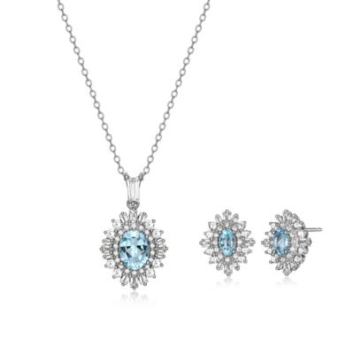 Aurealis Genuine Blue Topaz and Created White Sapphire Double Halo Necklace and Earring Set in Sterling Silver