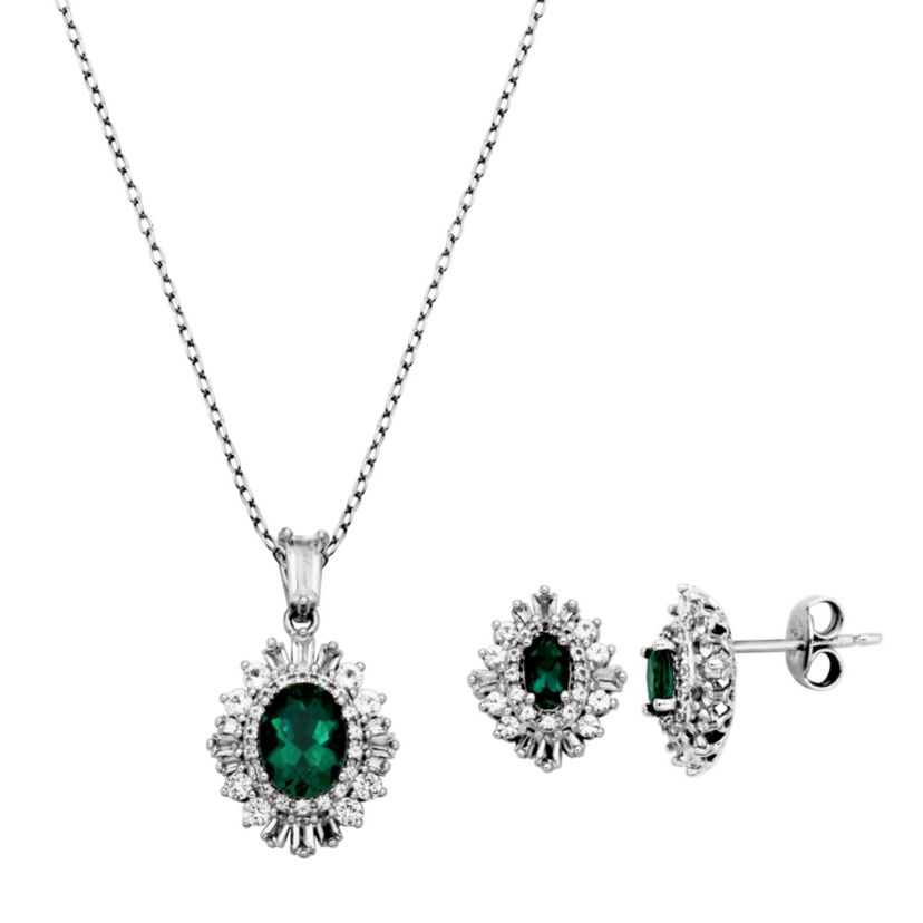 Simulated Emerald and Created White Sapphire Double Halo Necklace and Earring Set in Sterling Silver