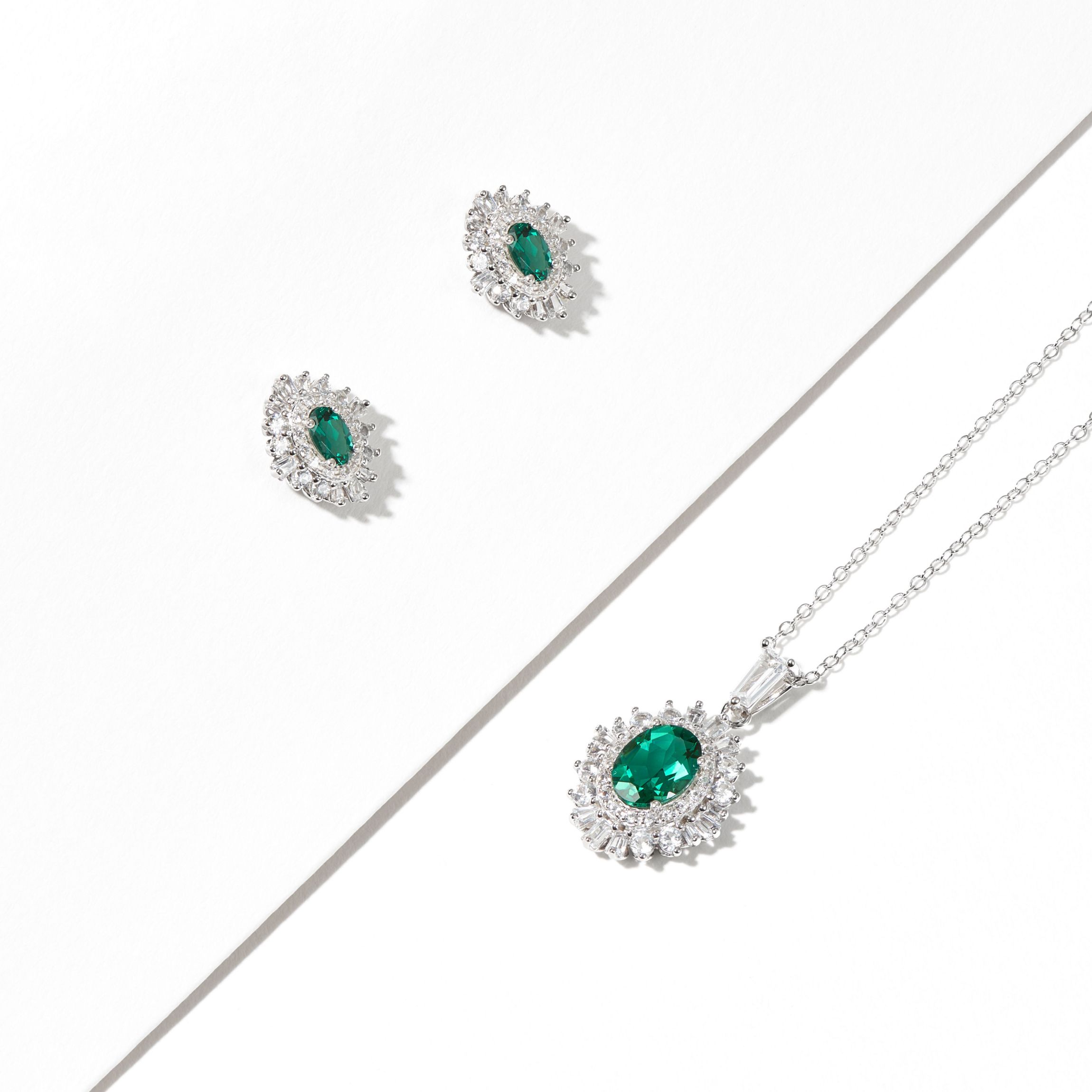 Simulated Emerald and Created White Sapphire Double Halo Necklace and Earring Set in Sterling Silver