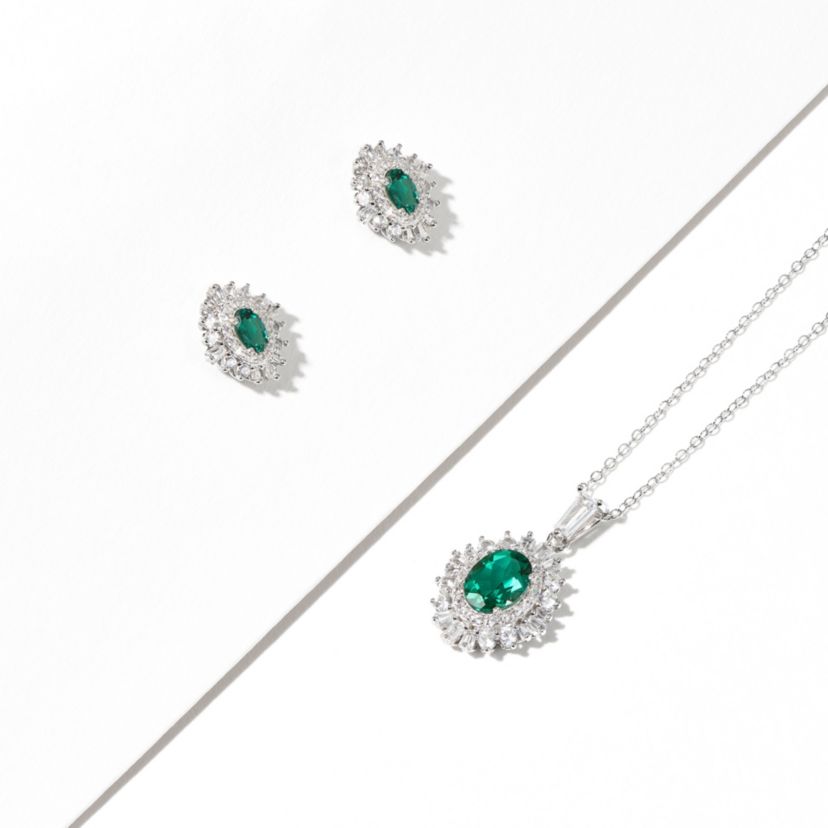 Simulated Emerald and Created White Sapphire Double Halo Necklace and Earring Set in Sterling Silver