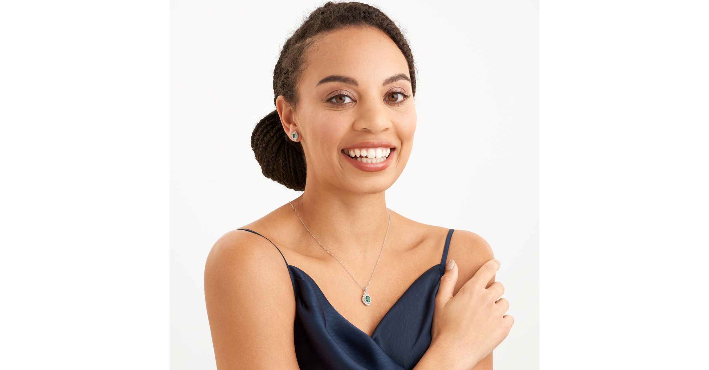 Simulated Emerald and Created White Sapphire Double Halo Necklace and Earring Set in Sterling Silver