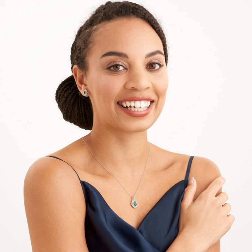 Simulated Emerald and Created White Sapphire Double Halo Necklace and Earring Set in Sterling Silver