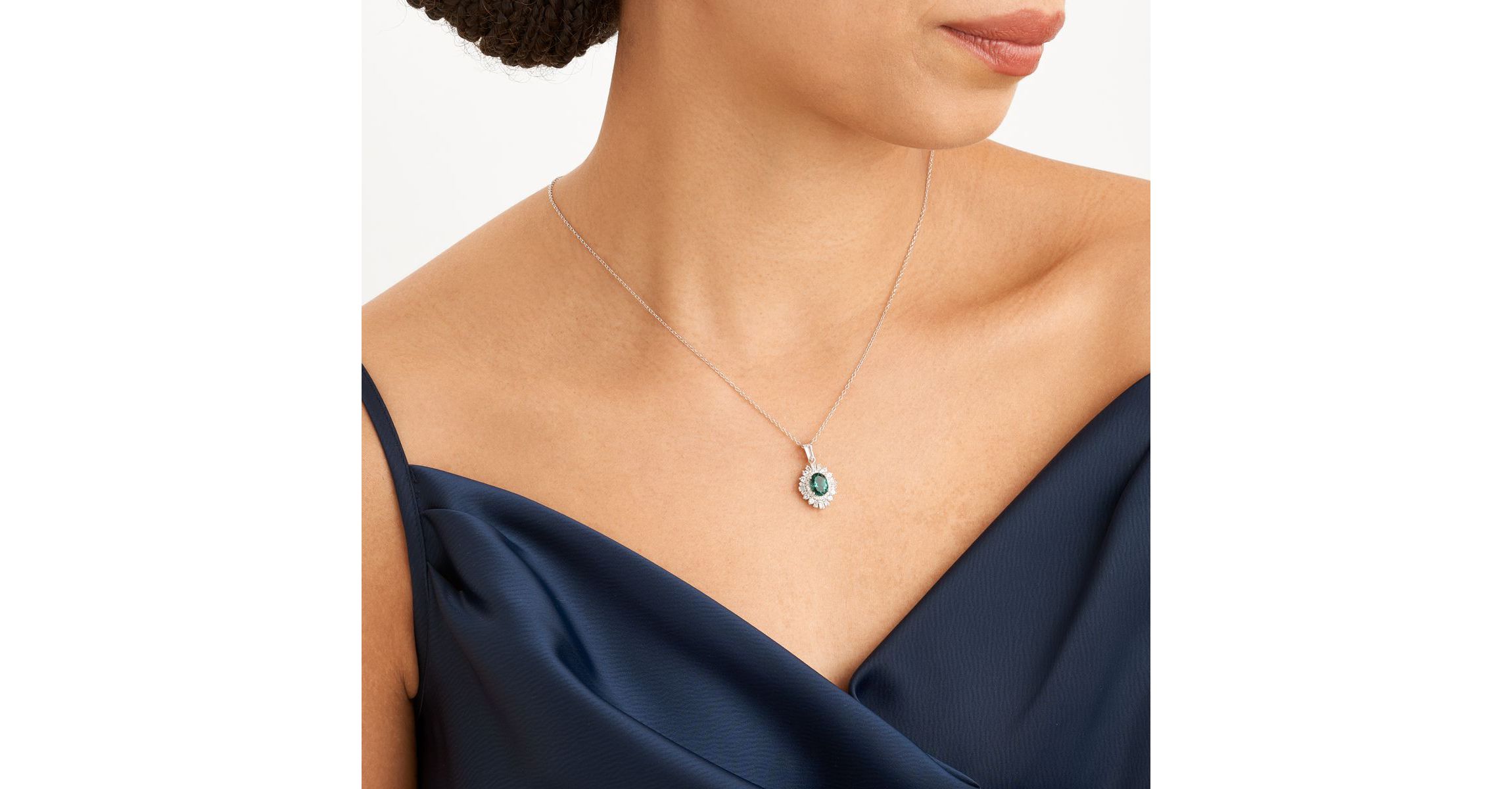 Simulated Emerald and Created White Sapphire Double Halo Necklace and Earring Set in Sterling Silver