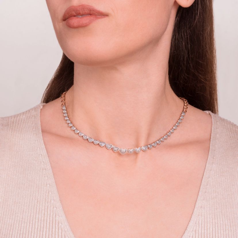 1/10 cttw Diamond Heart Tennis Necklace in 14k Rose Gold Plated Sterling Silver