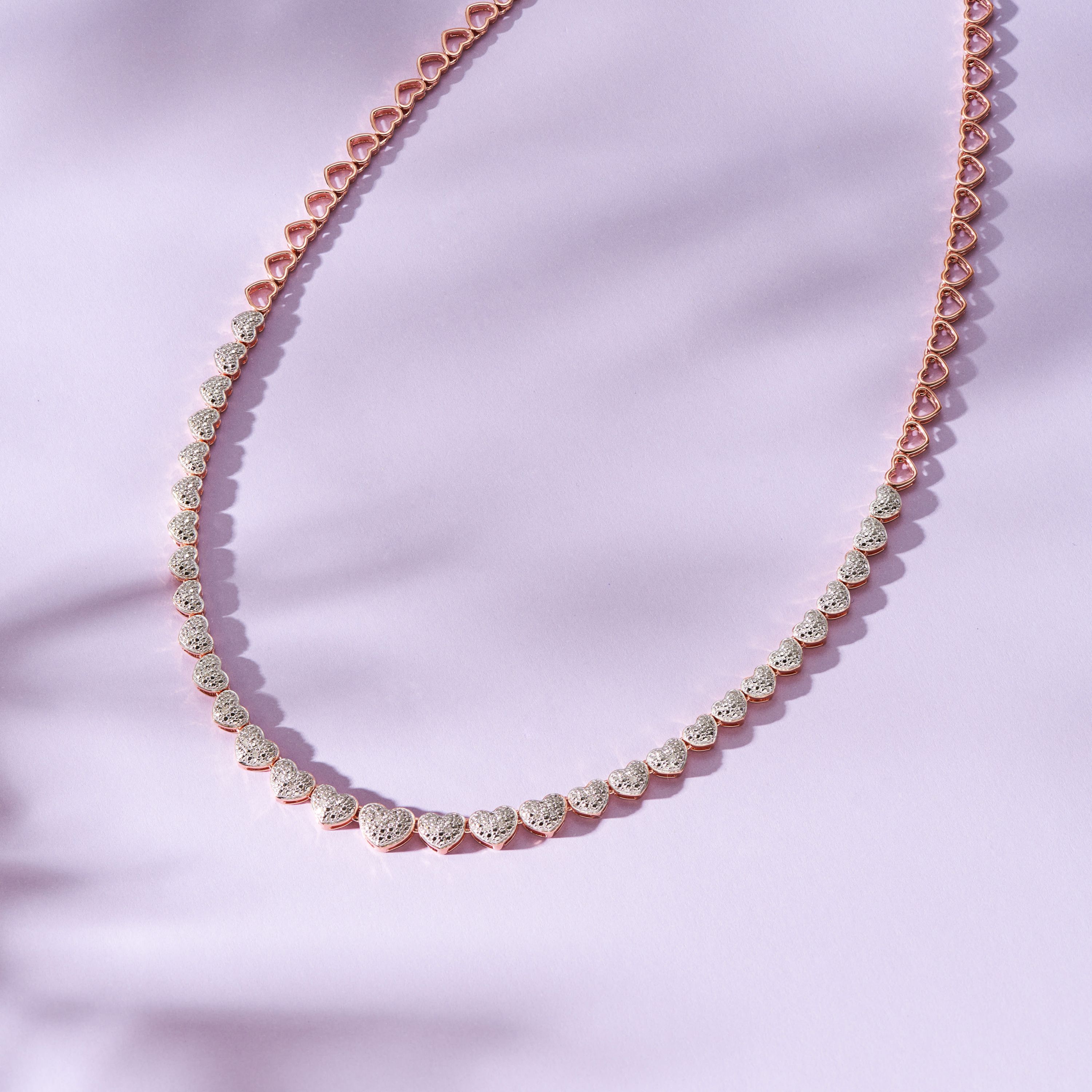 1/10 cttw Diamond Heart Tennis Necklace in 14k Rose Gold Plated Sterling Silver