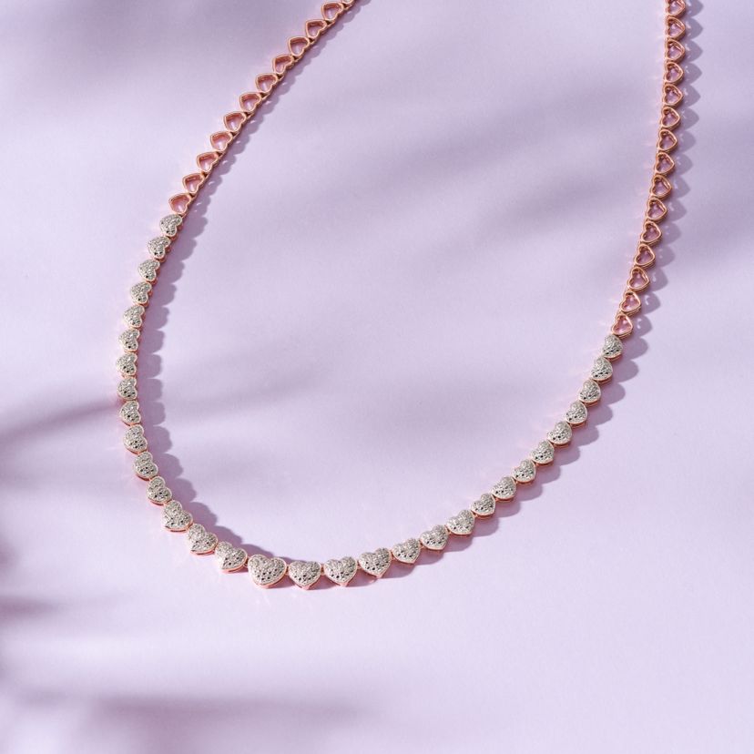 1/10 cttw Diamond Heart Tennis Necklace in 14k Rose Gold Plated Sterling Silver