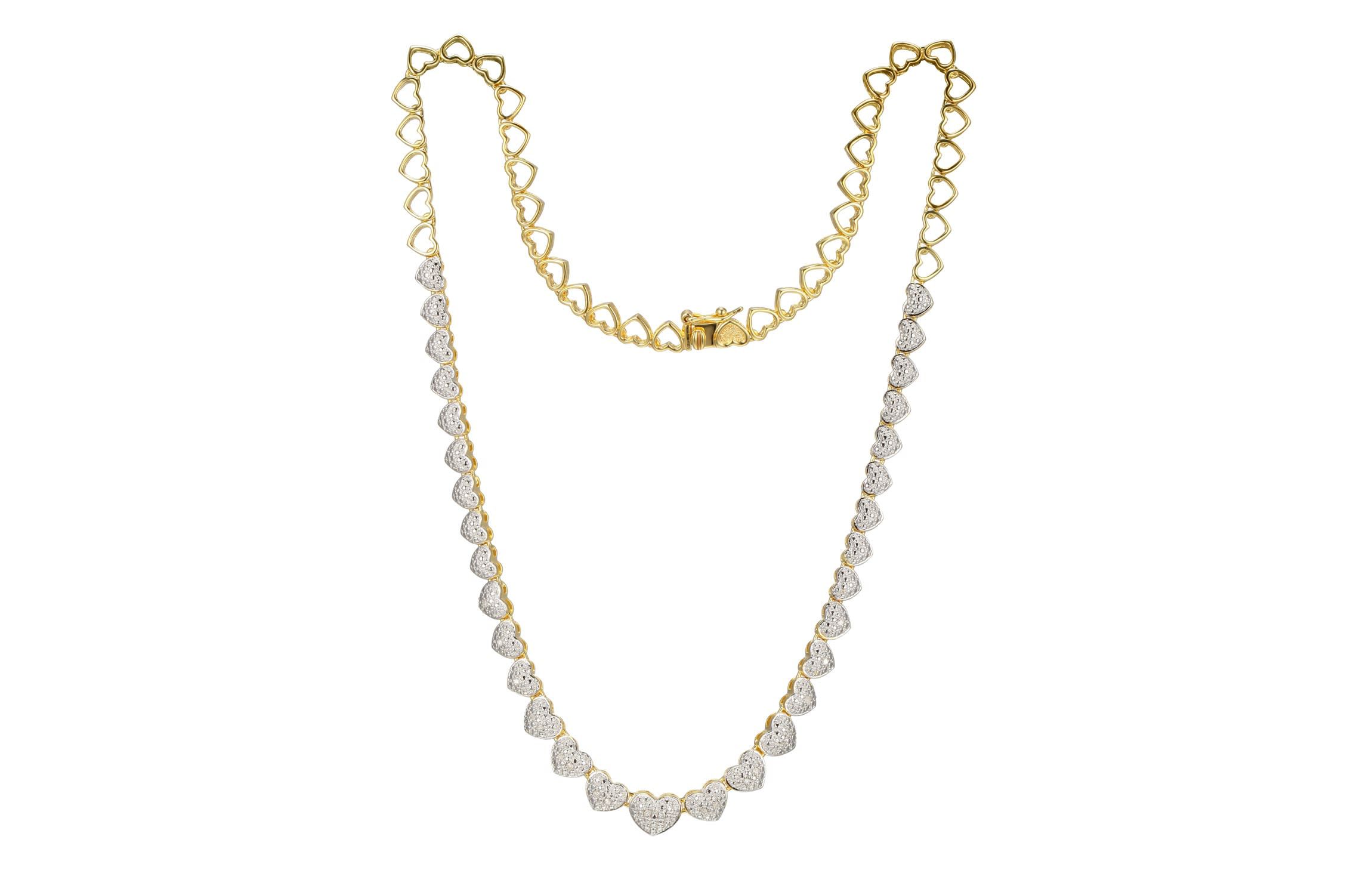 1/10 cttw Diamond Heart Tennis Necklace in 18k Yellow Gold Plated Sterling Silver