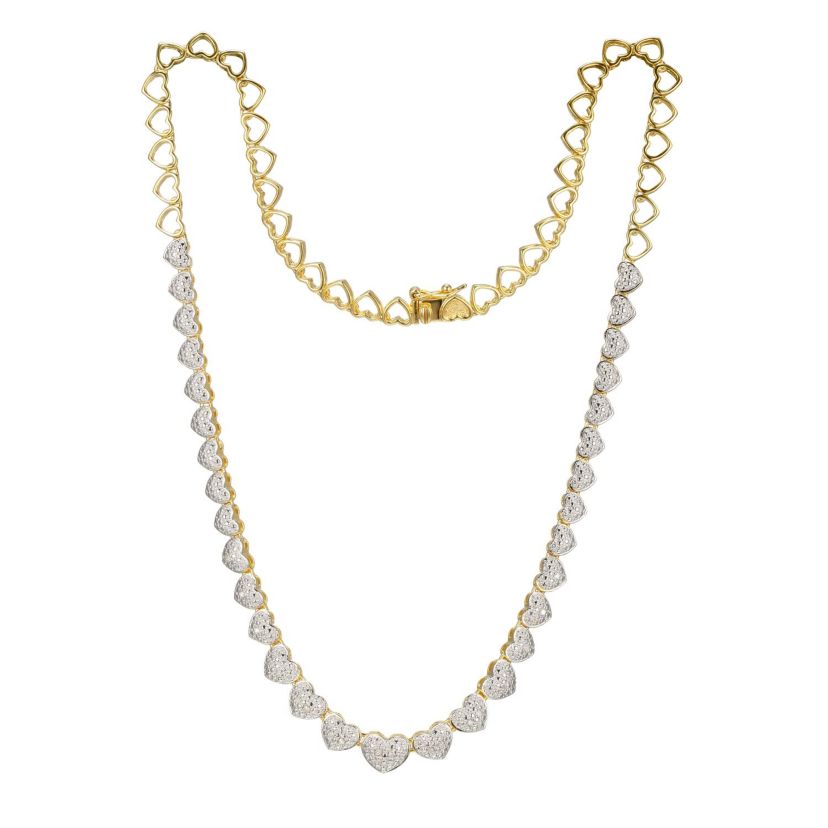 1/10 cttw Diamond Heart Tennis Necklace in 18k Yellow Gold Plated Sterling Silver